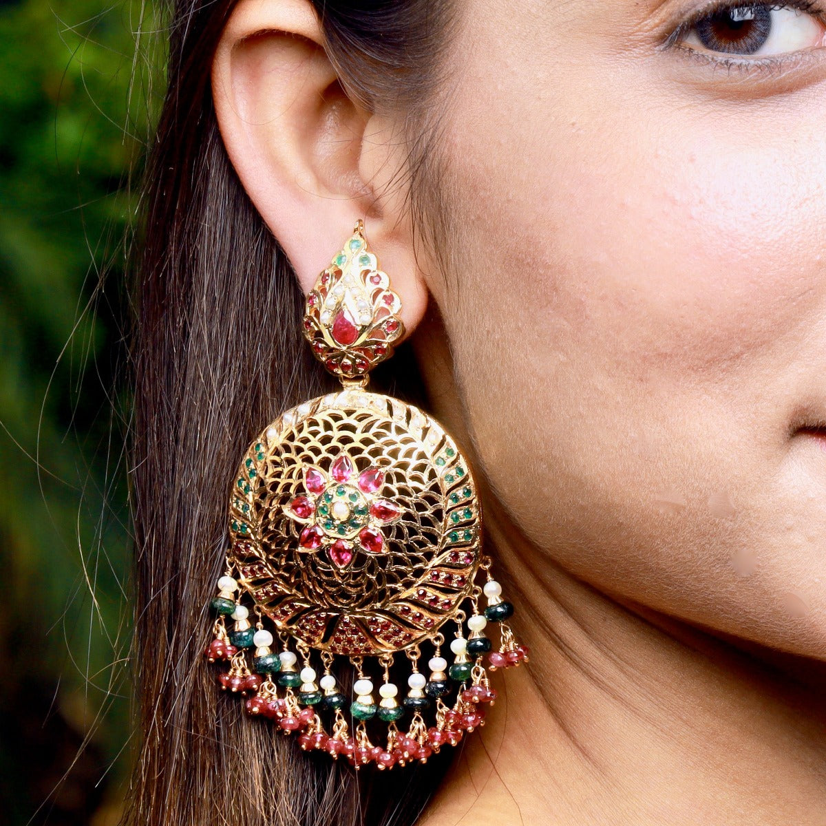Jadau Earrings in Tri-color Combination | Gold Plated Silver ER 003J