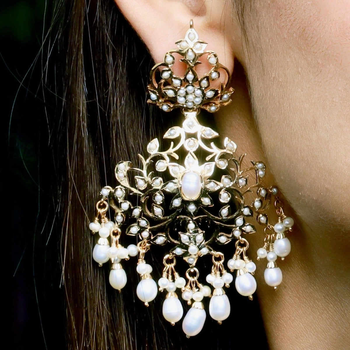 Alluring Pearl Earrings | Antique Edwardian Victorian Styled Indian Jewelry | Silver with Gold Plating ER 170
