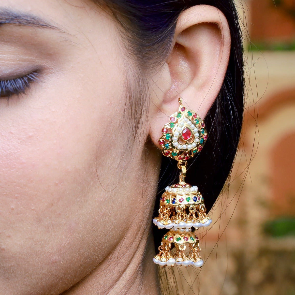 Multicolored Jadau Double Jhumka Earrings in Gold Plated Silver ER 175