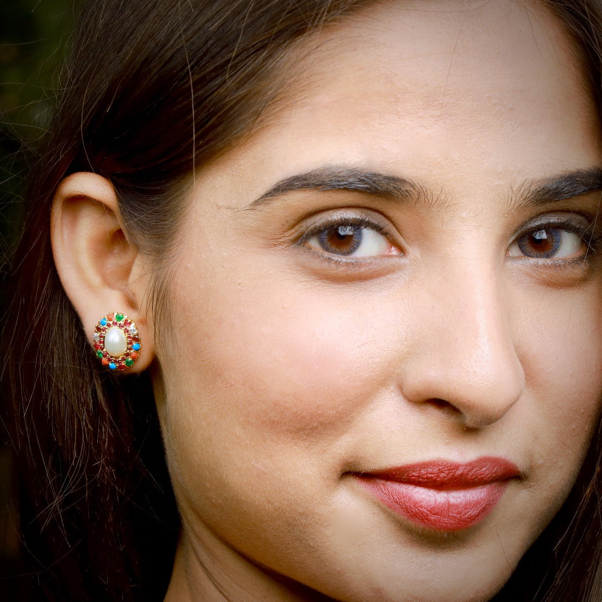 Small Navaratna Oval Stud Earrings | Gold Plated 925 Silver ER 301