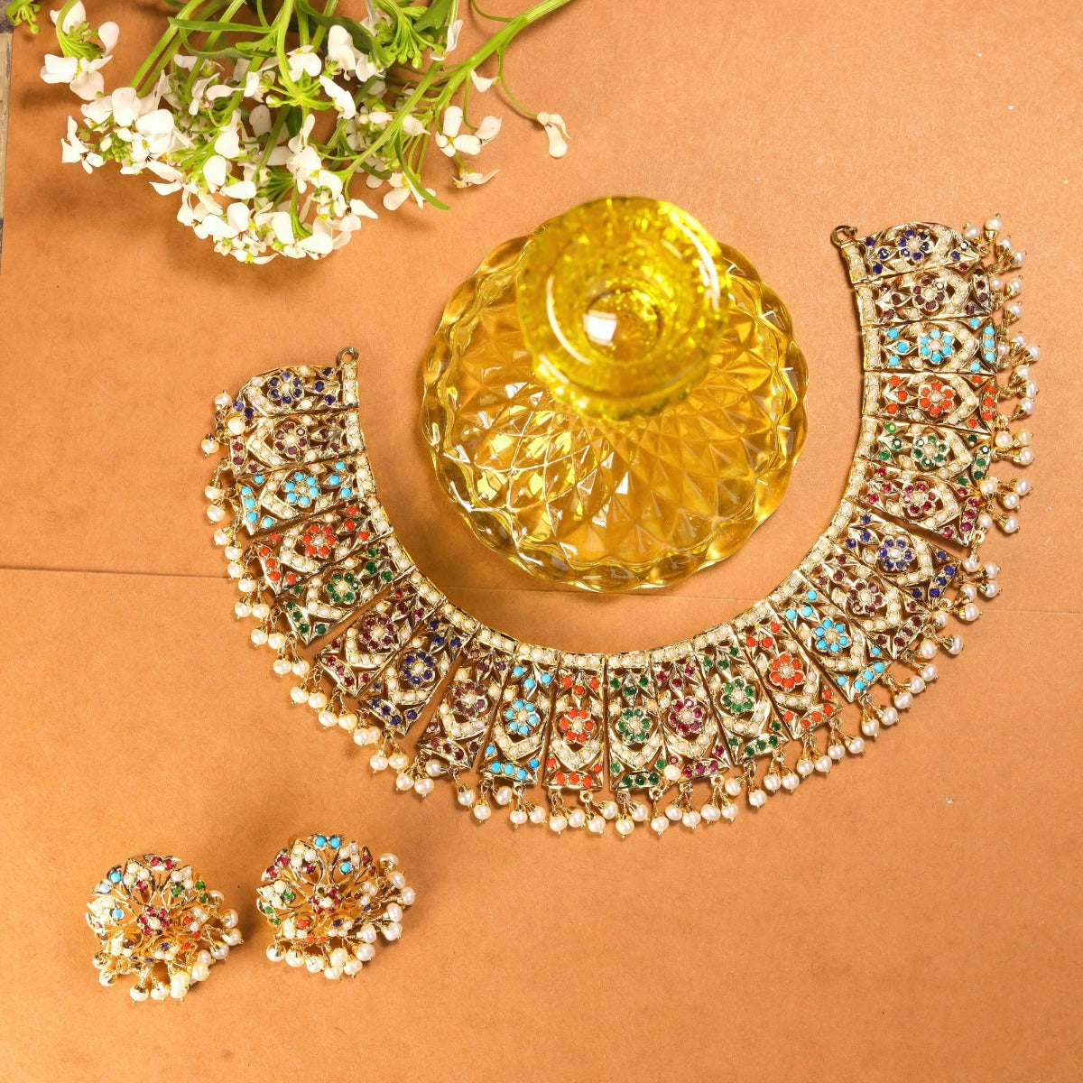 Gold Finished Necklace Set in Sterling Silver Studded With Navaratna Stones NS 025D