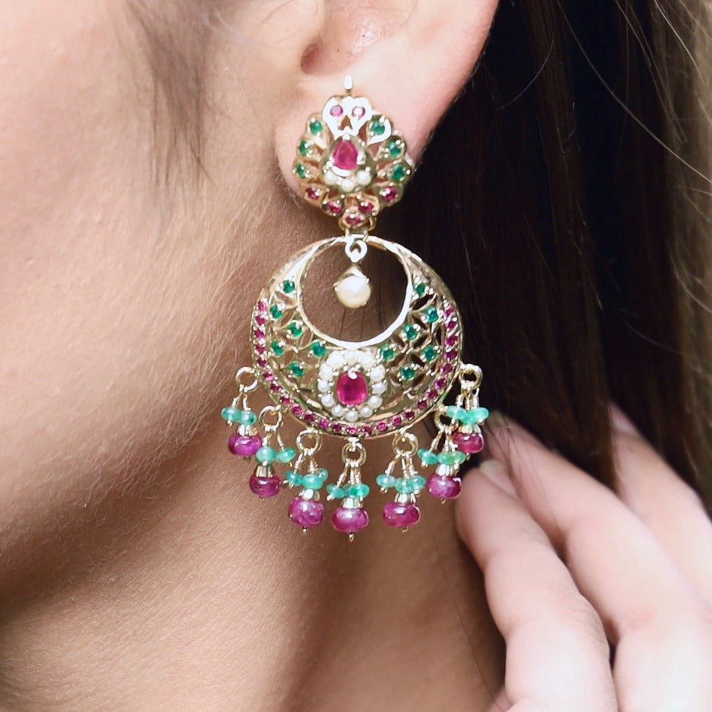 Dainty Hyderabadi Chandbali Earrings | Ruby Emerald Pearl | Silver ER 103