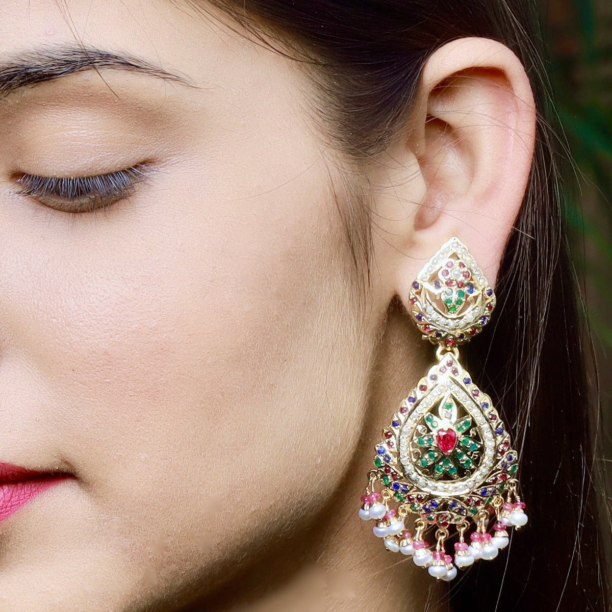Multicolored Jadau Earrings in Gold Plated Silver ER 161