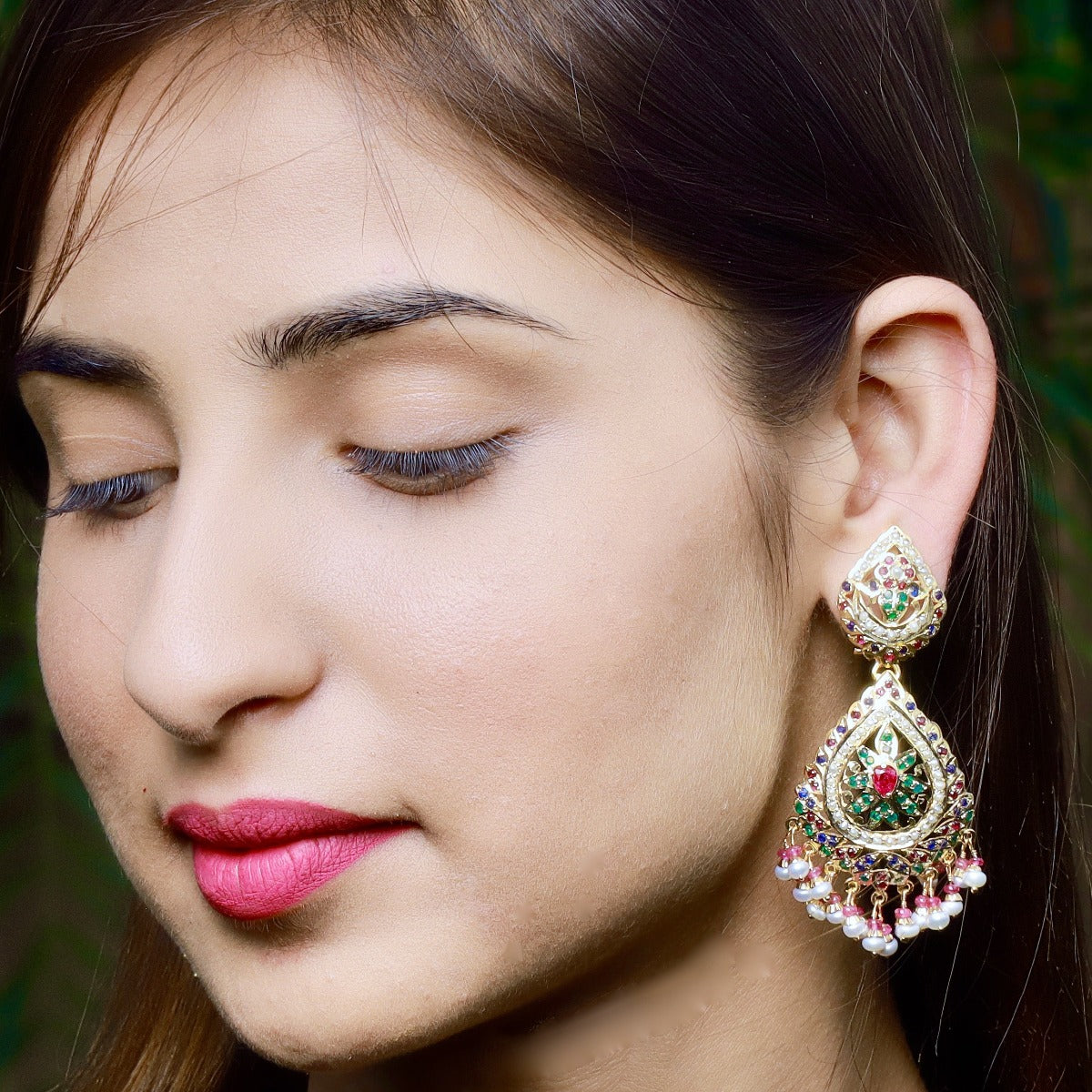 Multicolored Jadau Earrings in Gold Plated Silver ER 161