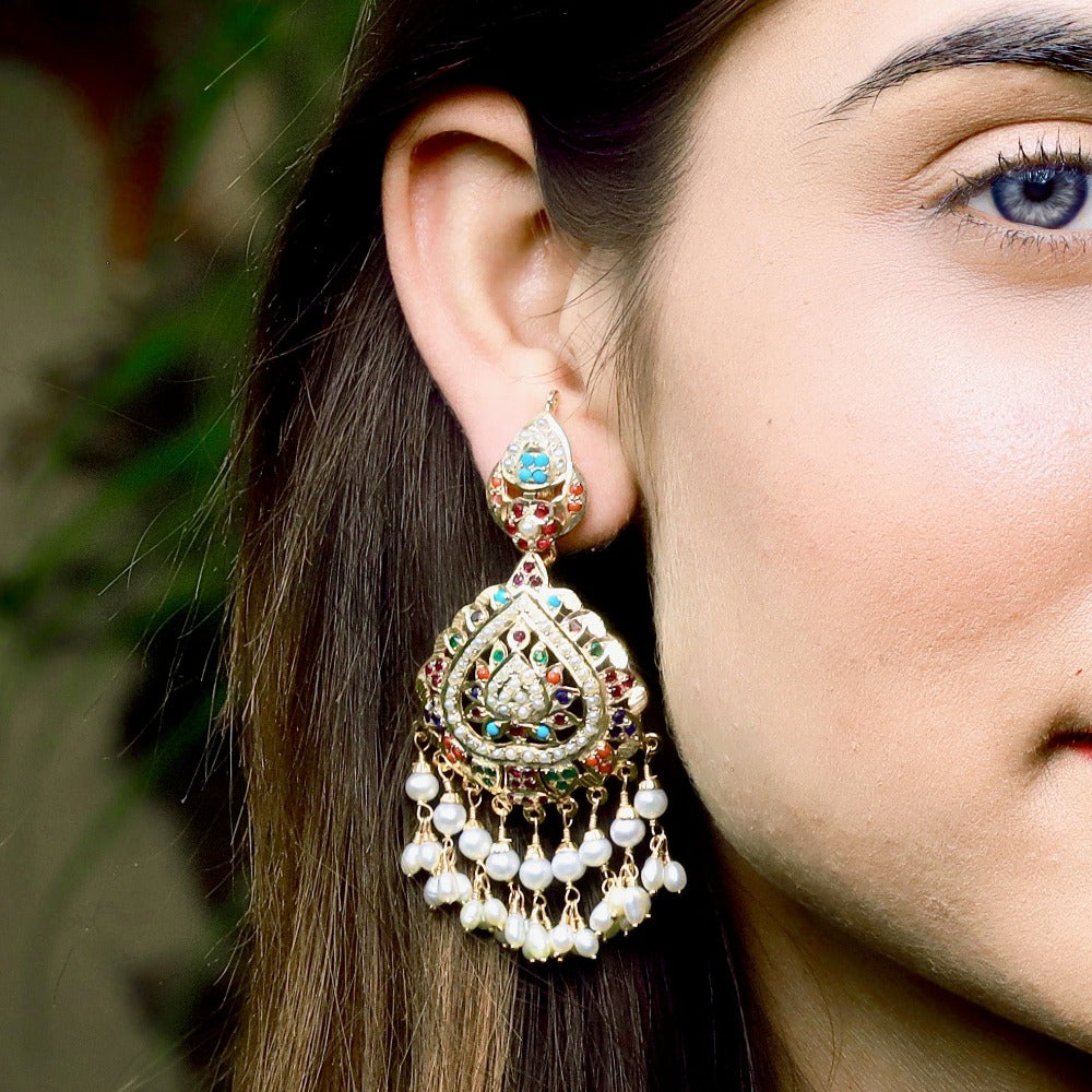 Navratan Stones Studded Jadau Earrings in Gold Plated Silver ER 177