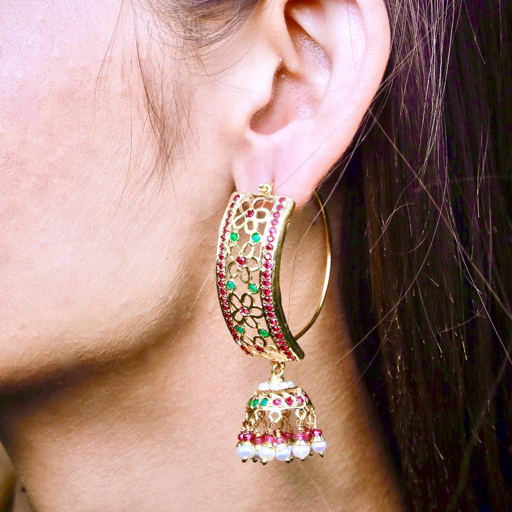 Multicolored Jadau Jhumka Earrings in Gold Plated Silver ER 167