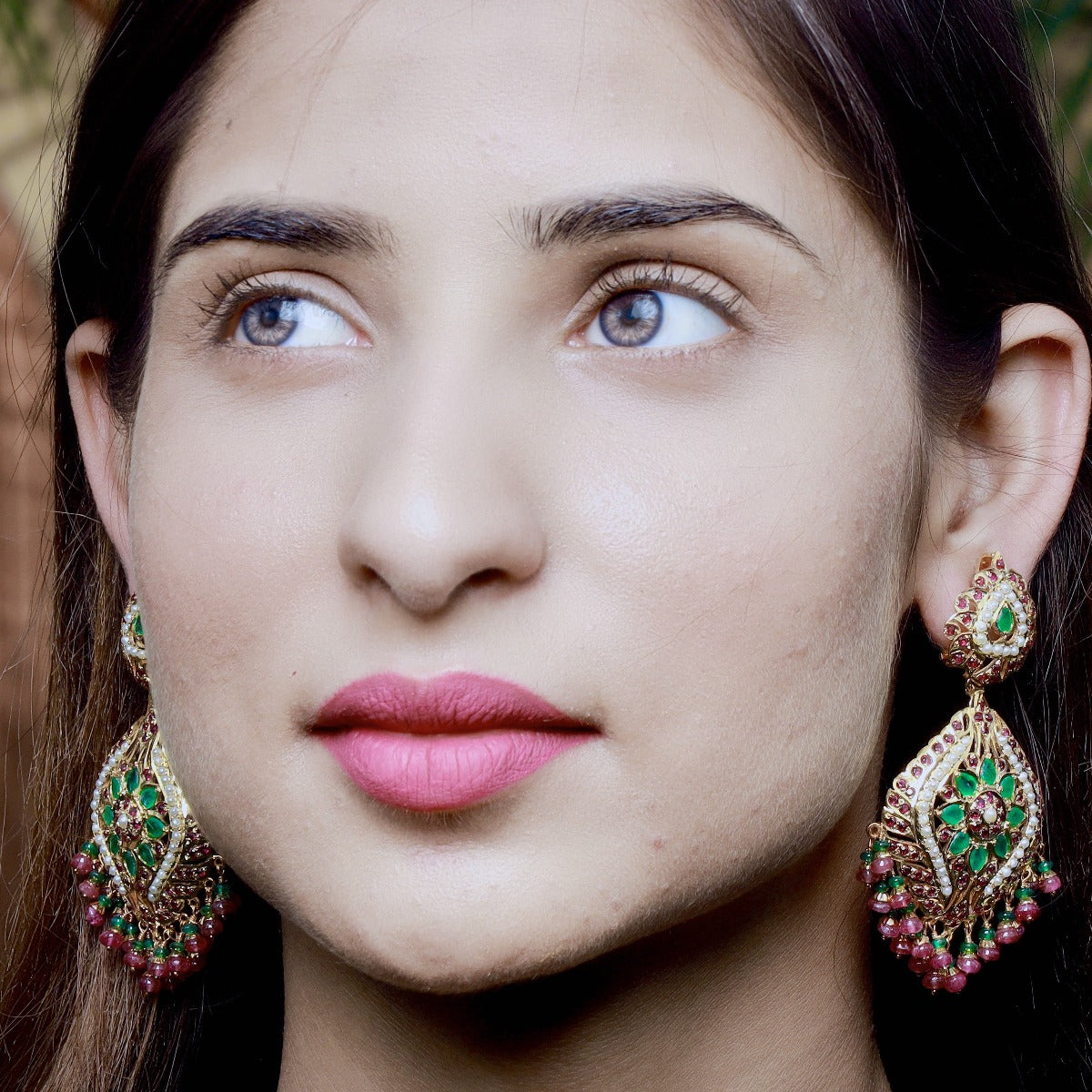 Emeralds Accentuated Jadau Earrings in Gold Plated Silver ER 173