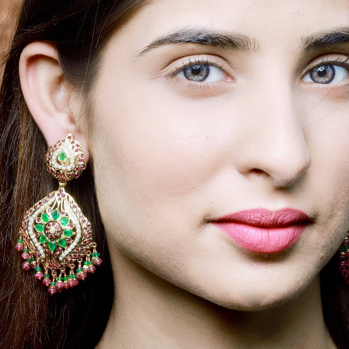 Emeralds Accentuated Jadau Earrings in Gold Plated Silver ER 173