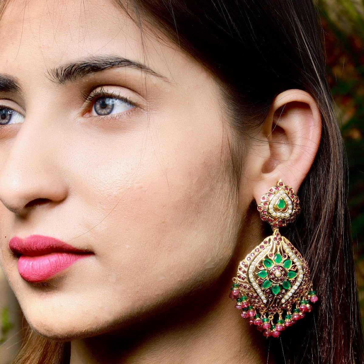 Emeralds Accentuated Jadau Earrings in Gold Plated Silver ER 173