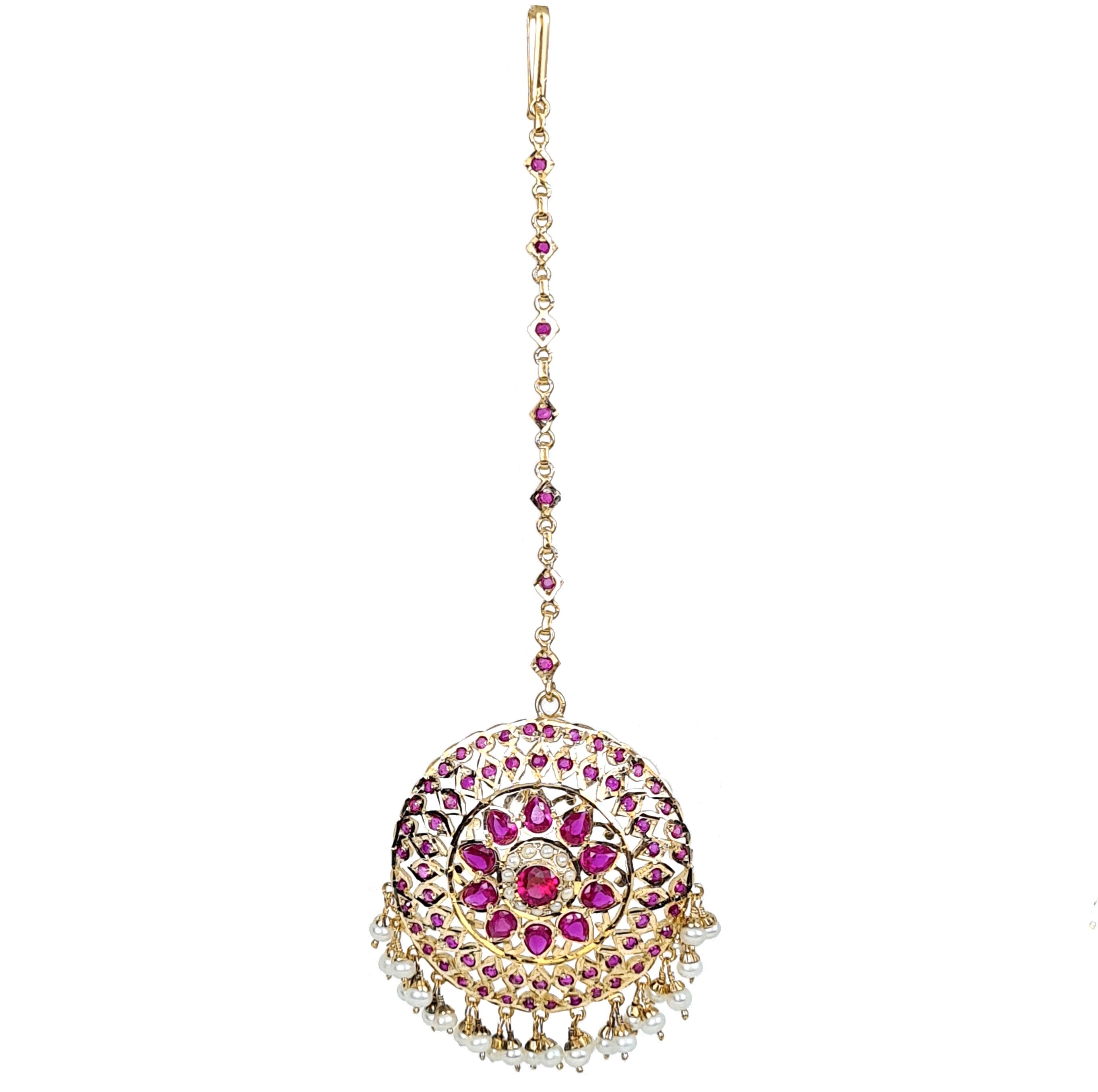 Round indian Maang Tikka with Ruby Red Stones & Pearls | Gold Plated on Silver