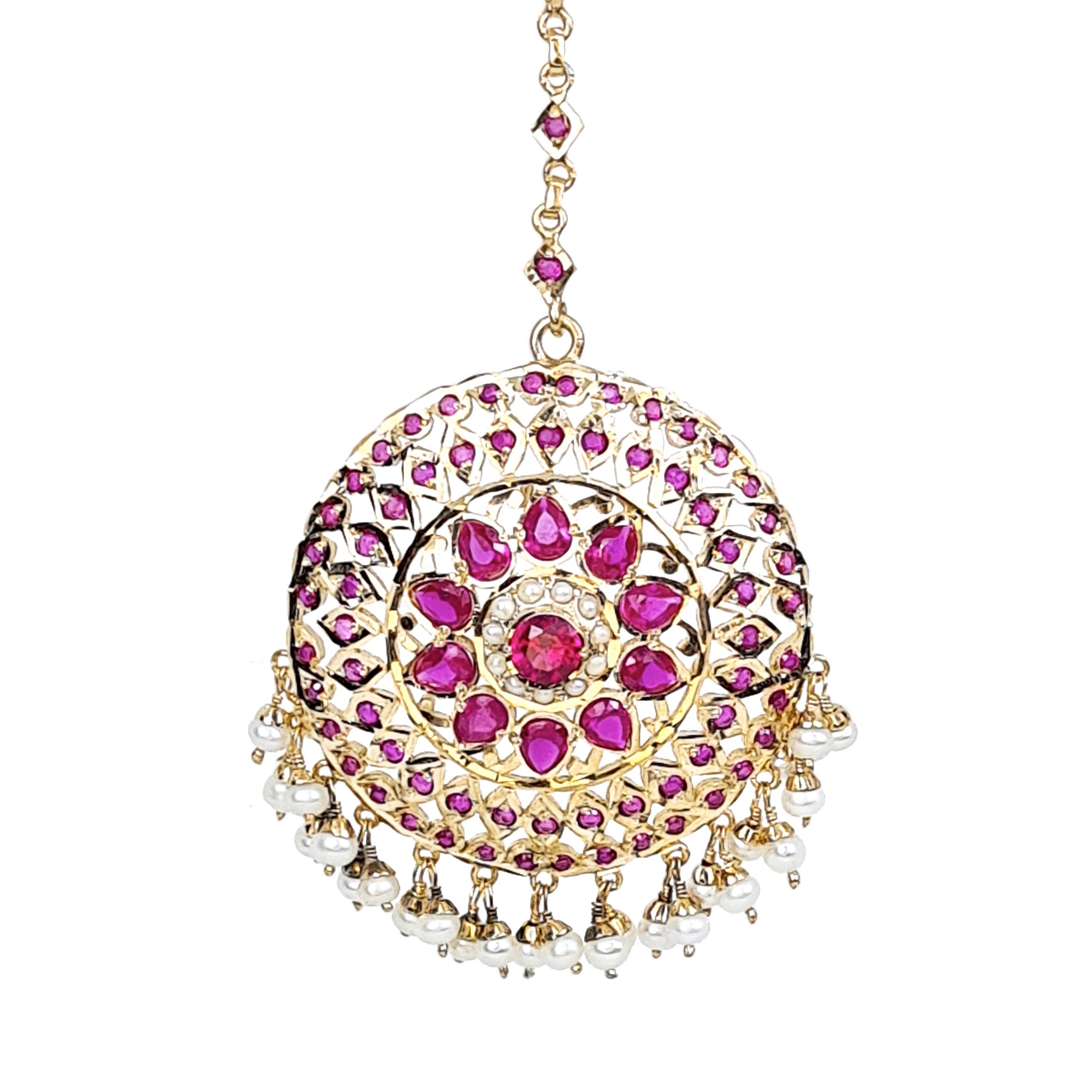 large Round Maang Tikka with Ruby Red Stones & Pearls | Gold Plated on Silver