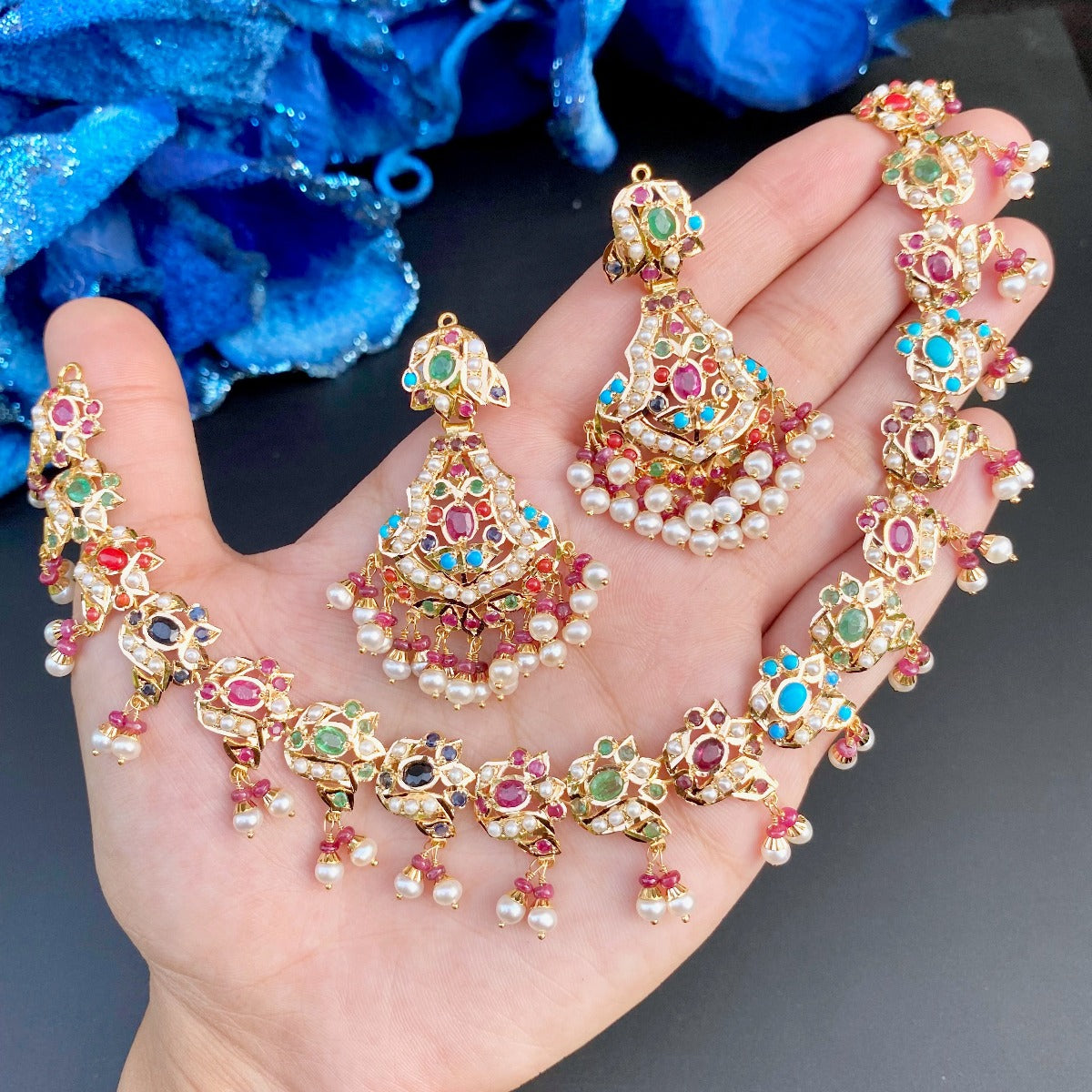 navaratna gold necklace and earrings set