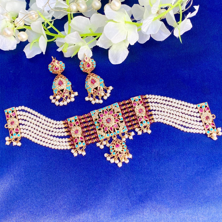 Multicolored Jadau Choker Necklace Set in Gold Plated Silver NS 007