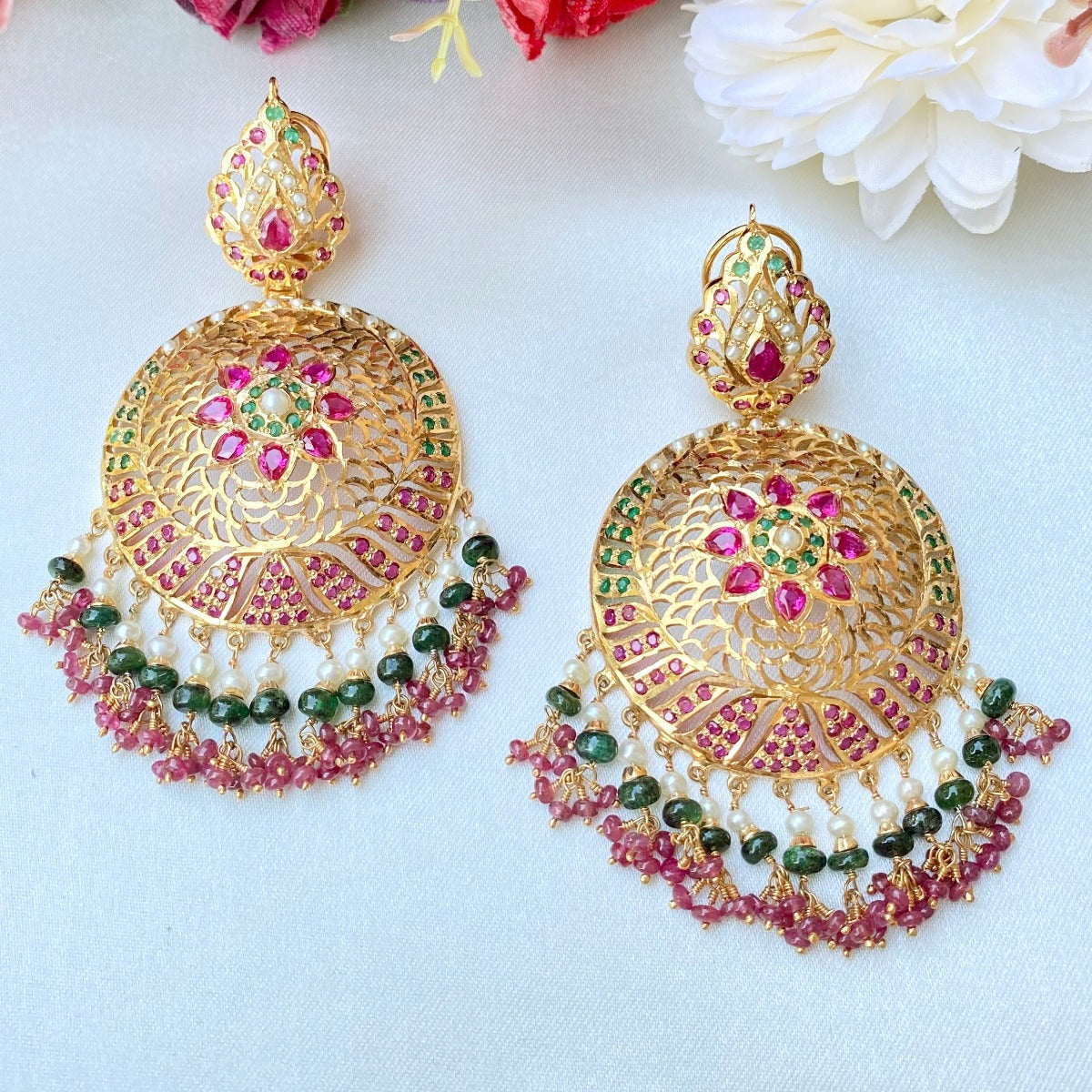Jadau Earrings in Tri-color Combination | Gold Plated Silver ER 003J