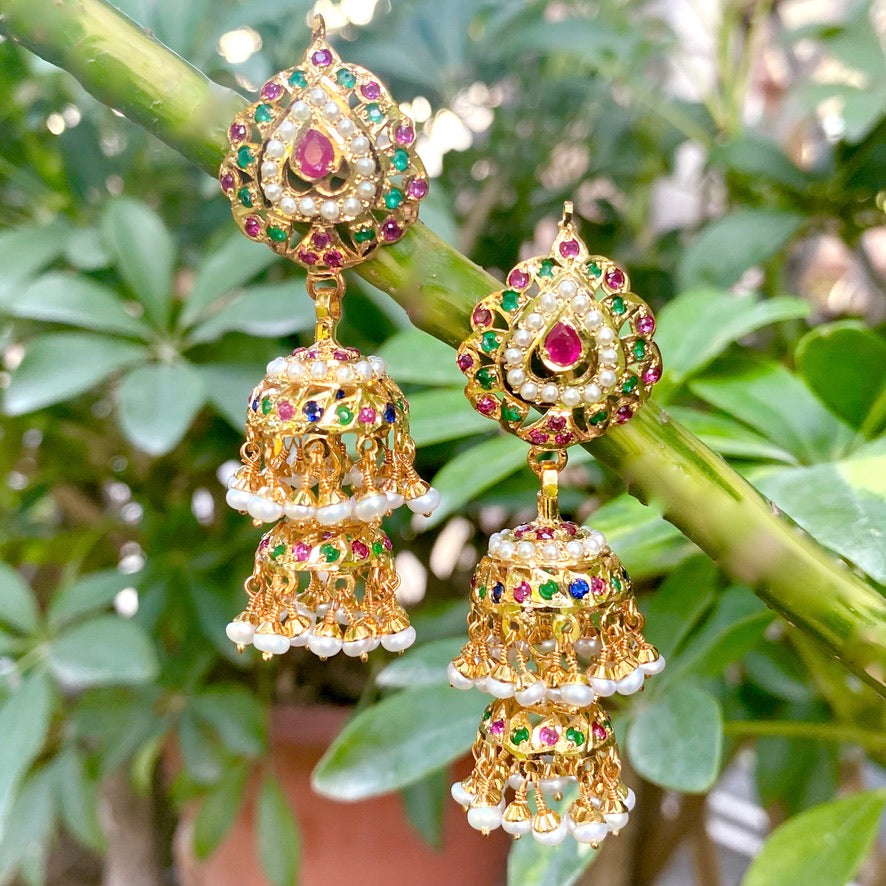 Multicolored Jadau Double Jhumka Earrings in Gold Plated Silver ER 175