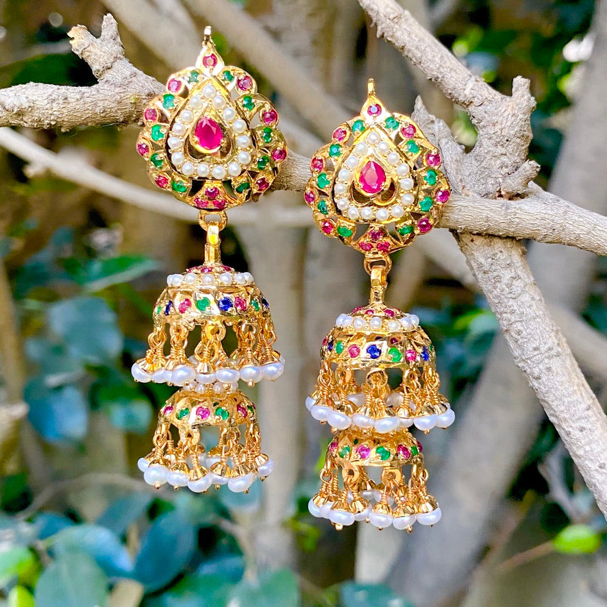 Multicolored Jadau Double Jhumka Earrings in Gold Plated Silver ER 175
