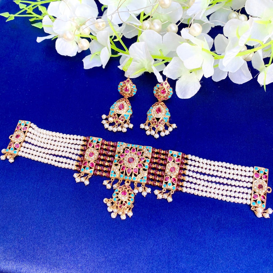 Multicolored Jadau Choker Necklace Set in Gold Plated Silver NS 007