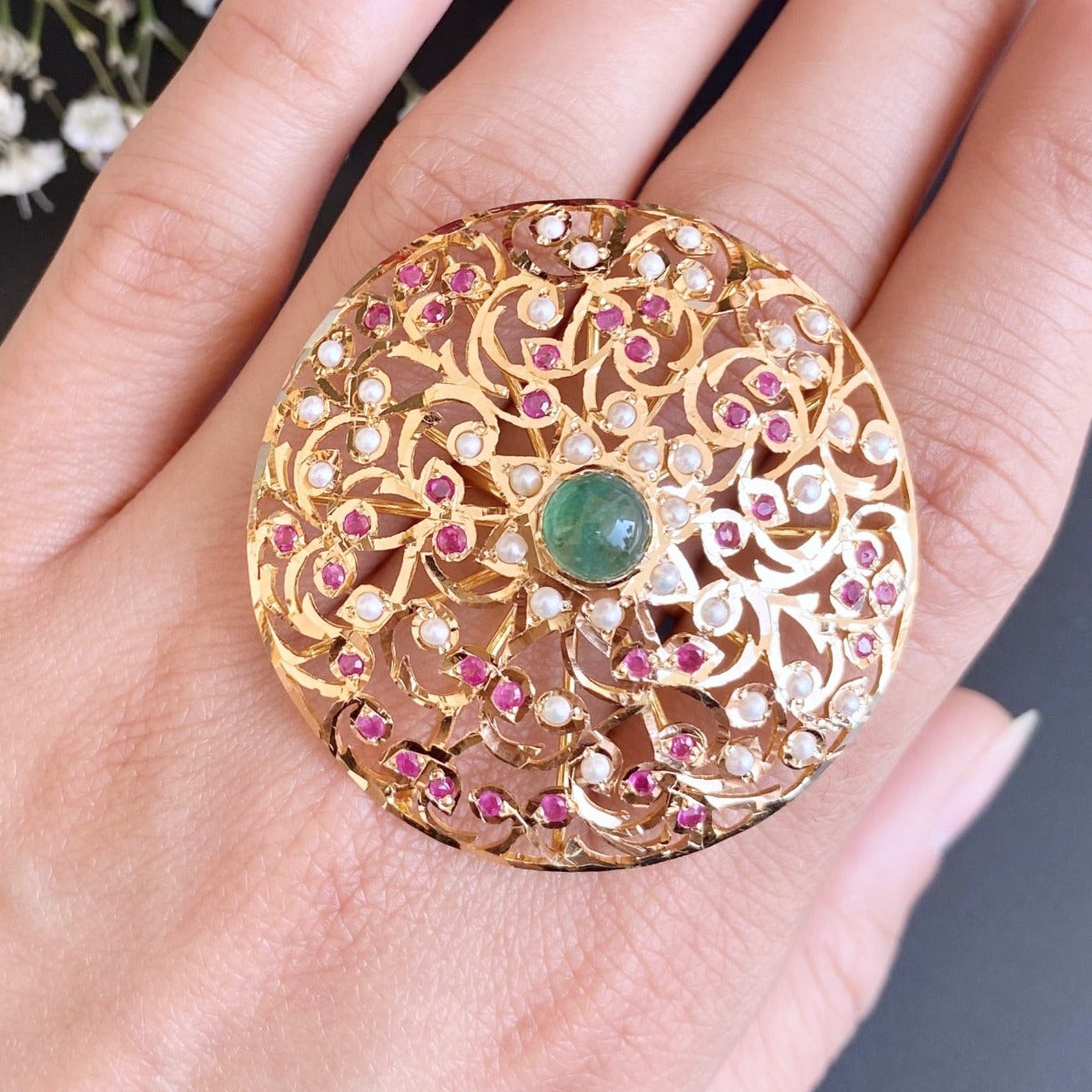 ruby emerald pearl cocktail jadau ring in 22ct gold glr