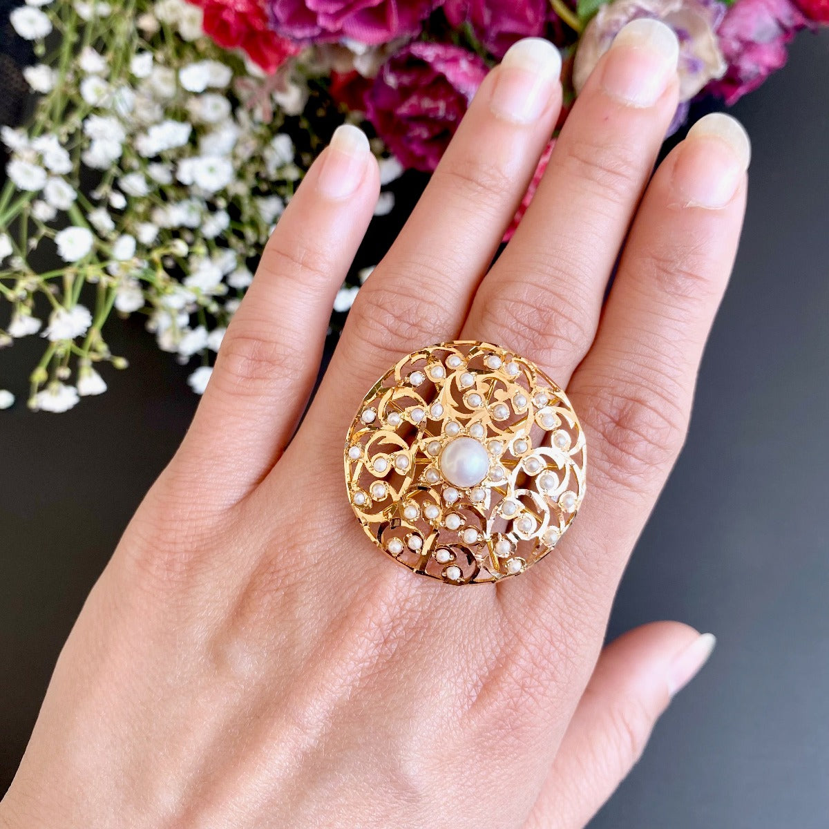 fine 22k gold ring freshwater pearls studded