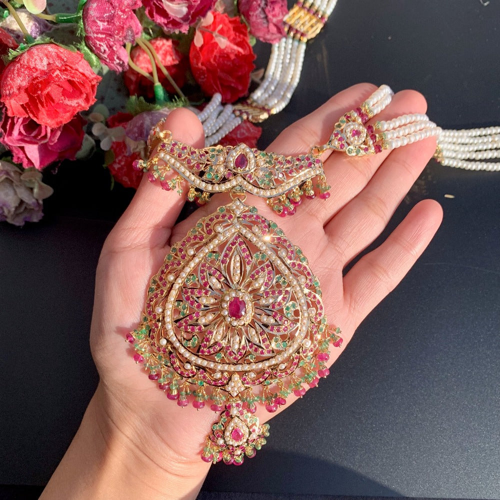 gold rani haar with ruby emerald pearls