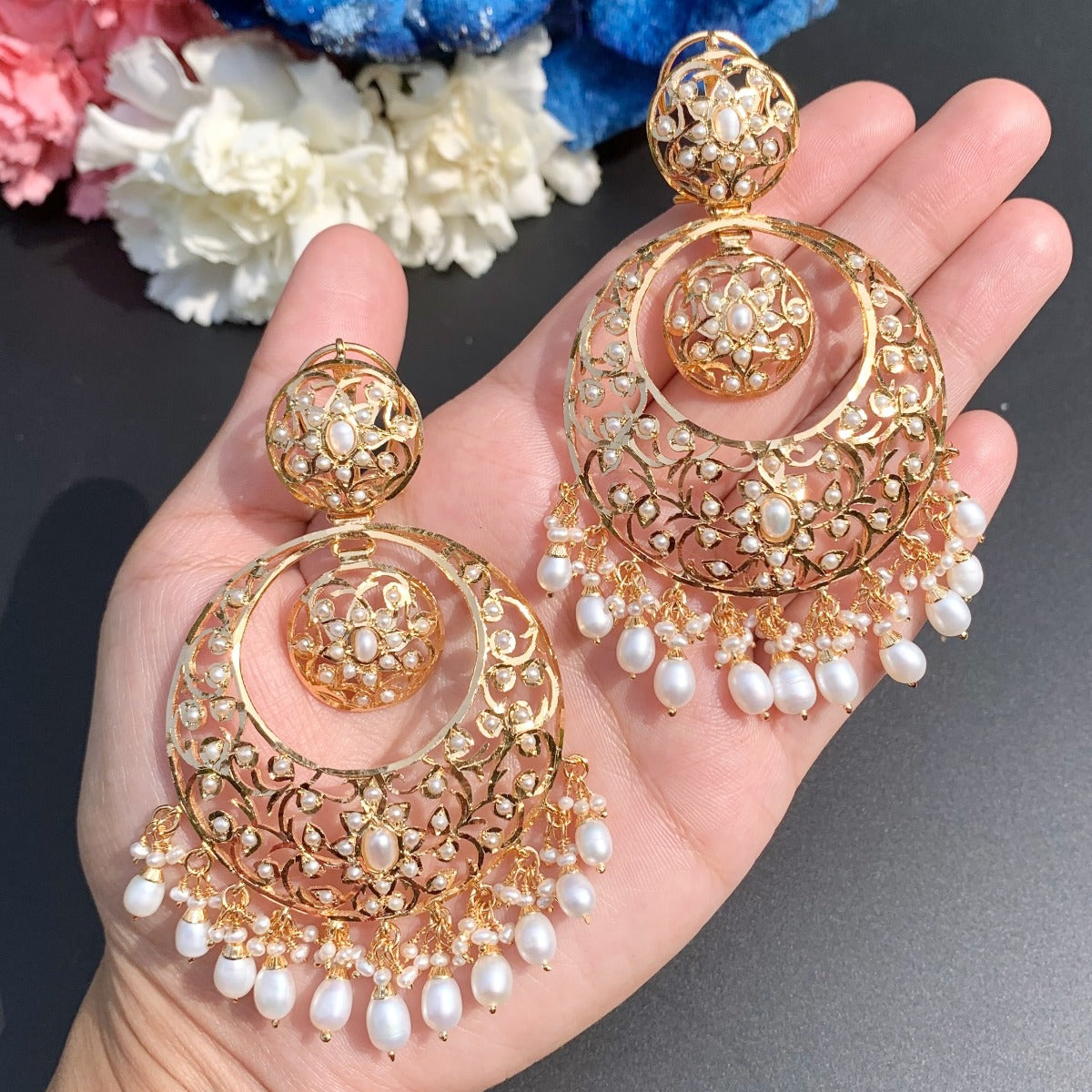 big oversized pearl chandbali gold plated earrings online