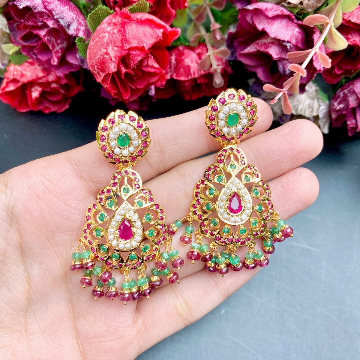 indian silver earrings gold plated and stone studed