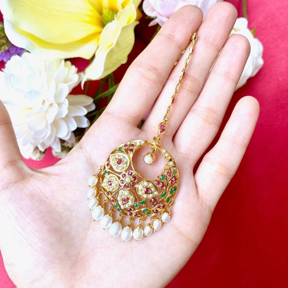 Chandbali Pattern Round Maang Tikka | Stone Studded & Gold Plated on Silver TK 028
