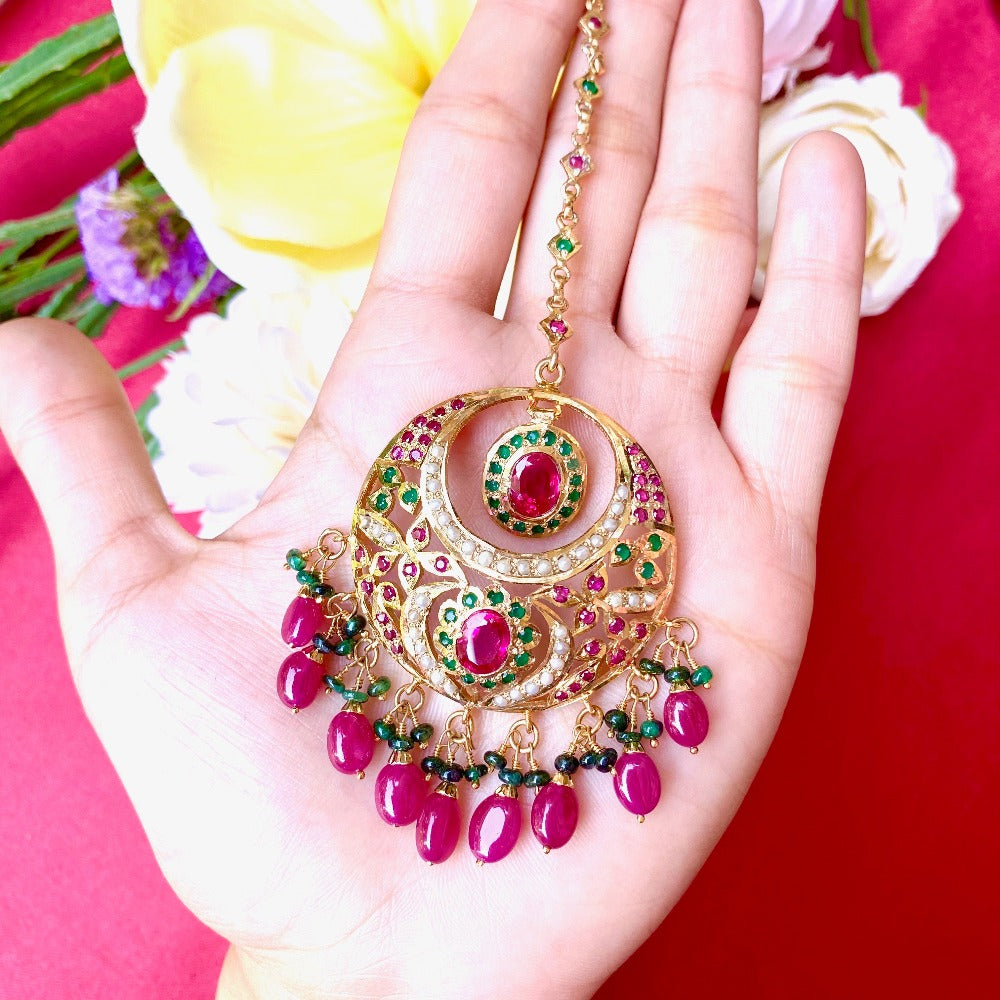Round Chandbali Shaped Tikka | Multicolored Jadau Maang Teeka | Gold Plated Silver