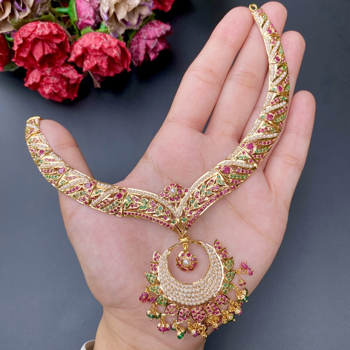 v shaped pearl necklace with chandbali in 22 carat gold