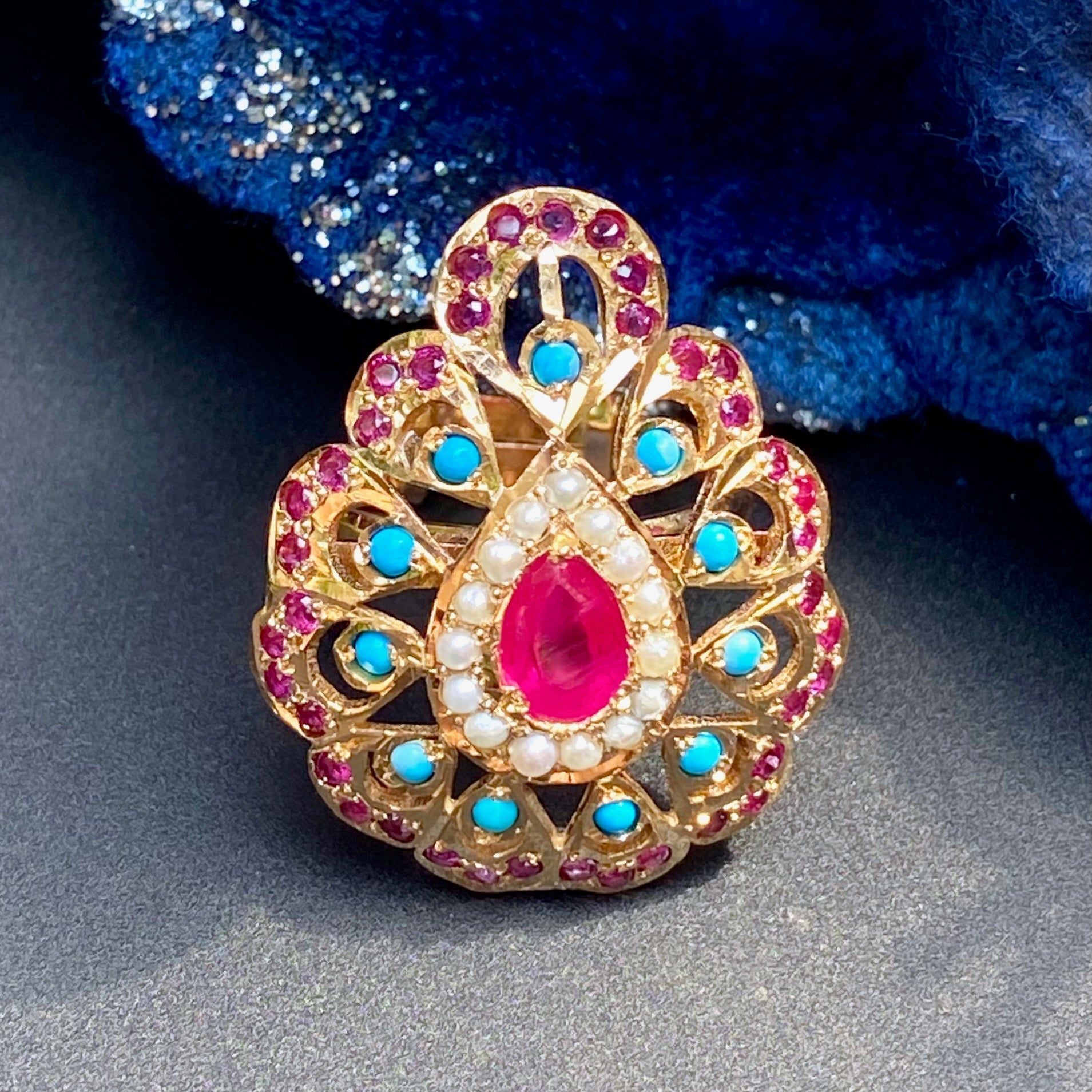 Buy Gold Plated Silver Jewelry Online | Ruby Pearl Turquoise Cocktail Ring LR 038
