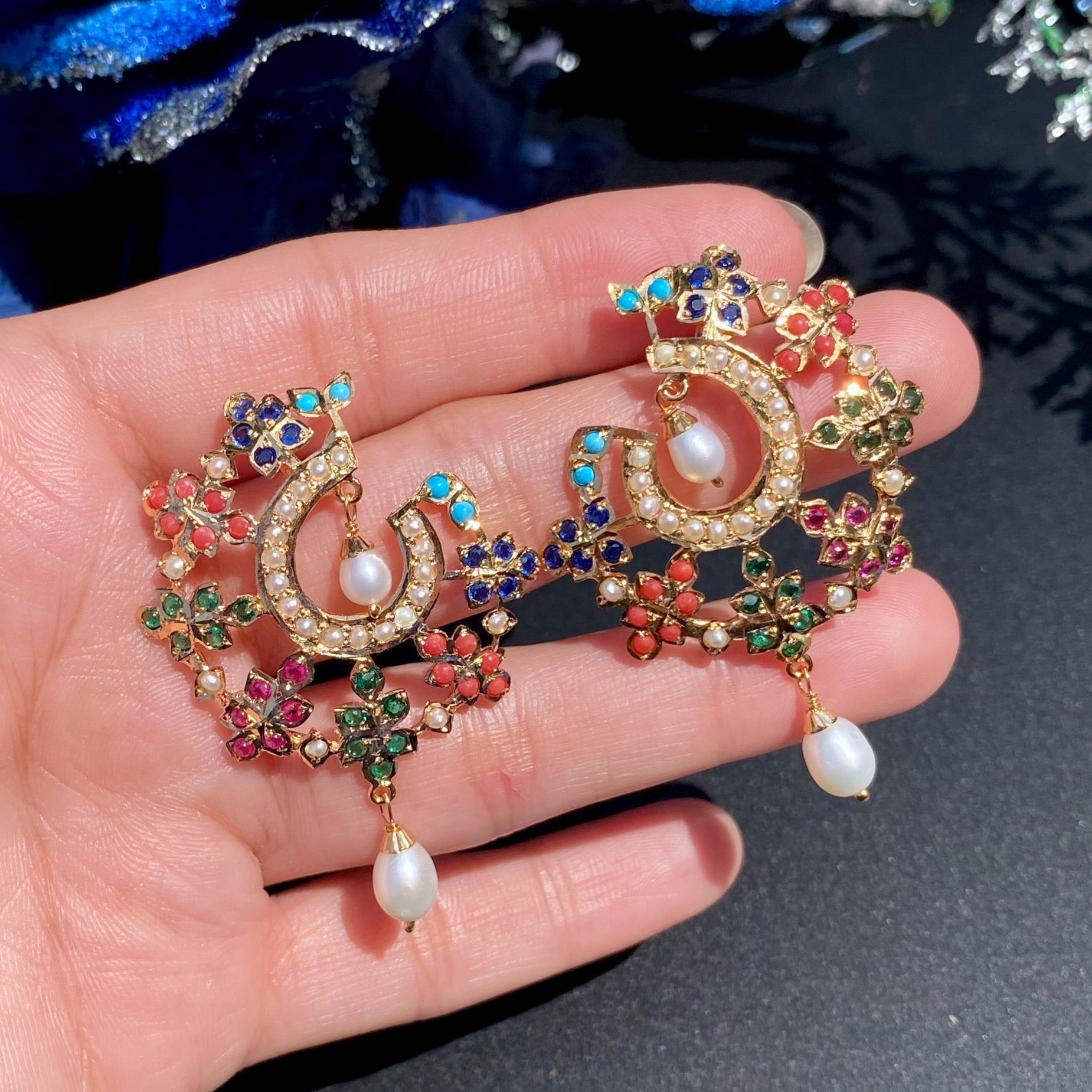 Gold Plated Navaratna Stud Earrings | Dainty Indo-western Earrigns | Gold Plated Silver ER 649