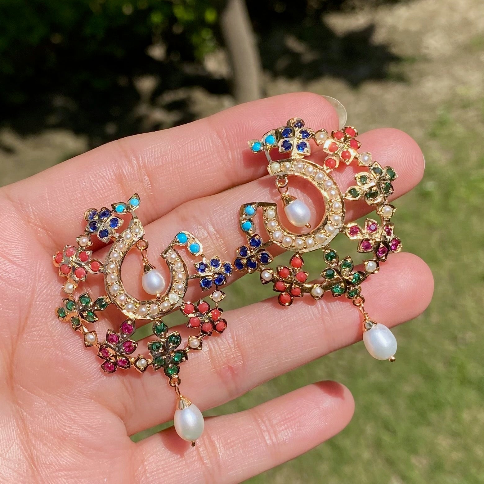 Gold Plated Navaratna Stud Earrings | Dainty Indo-western Earrigns | Gold Plated Silver ER 649