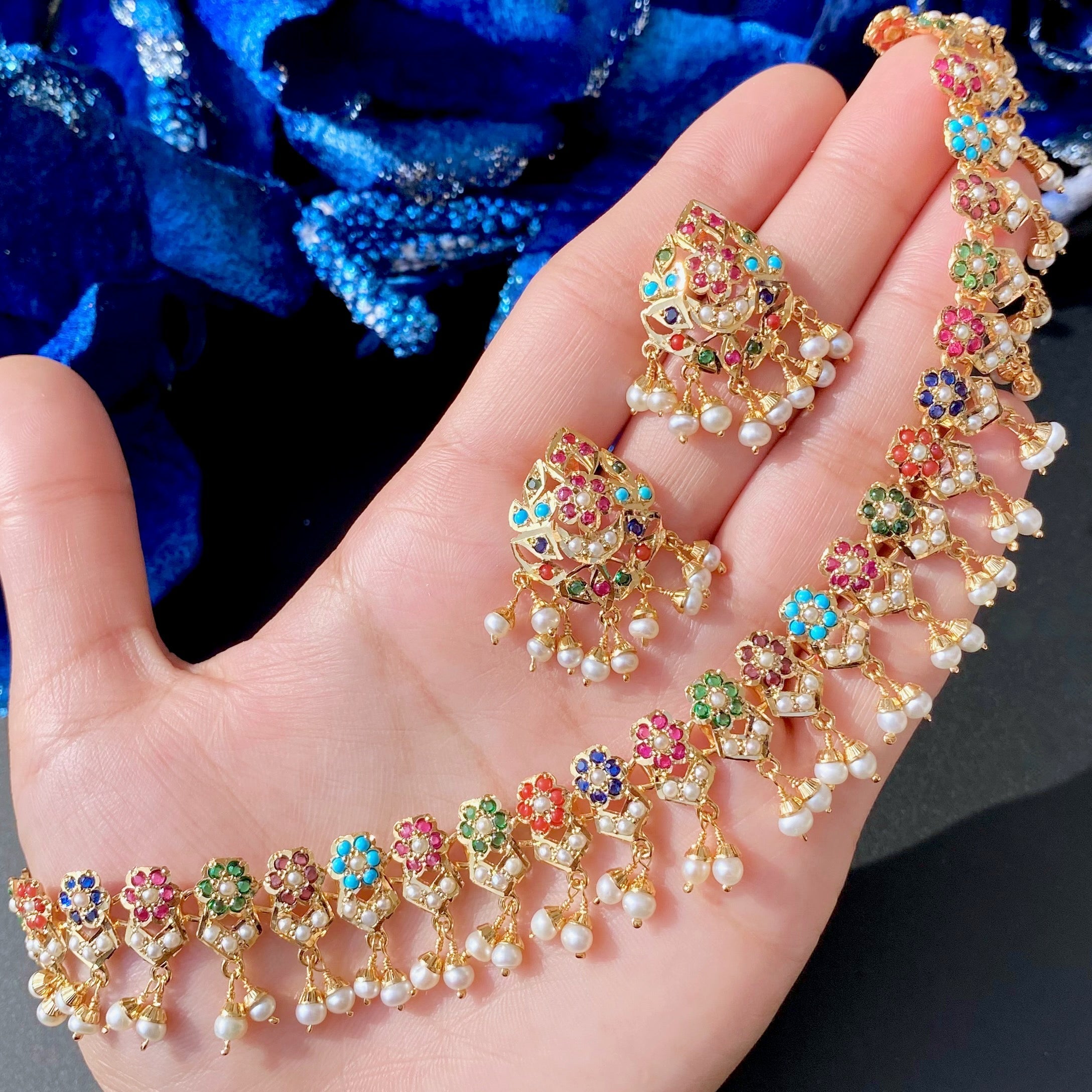 Delicate & Simple Design | Gold Plated Navaratna Necklace Set | 925 Silver NS 150