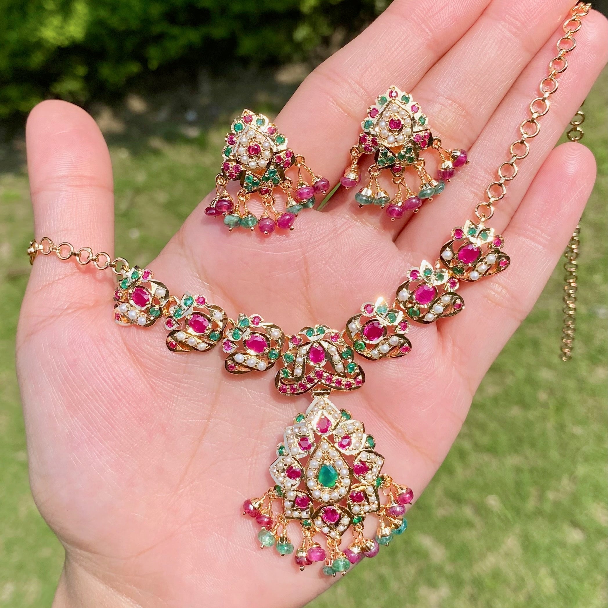 Multicolored Jadau Chain Set in Gold Plated Silver | Chain Sets | NS 145