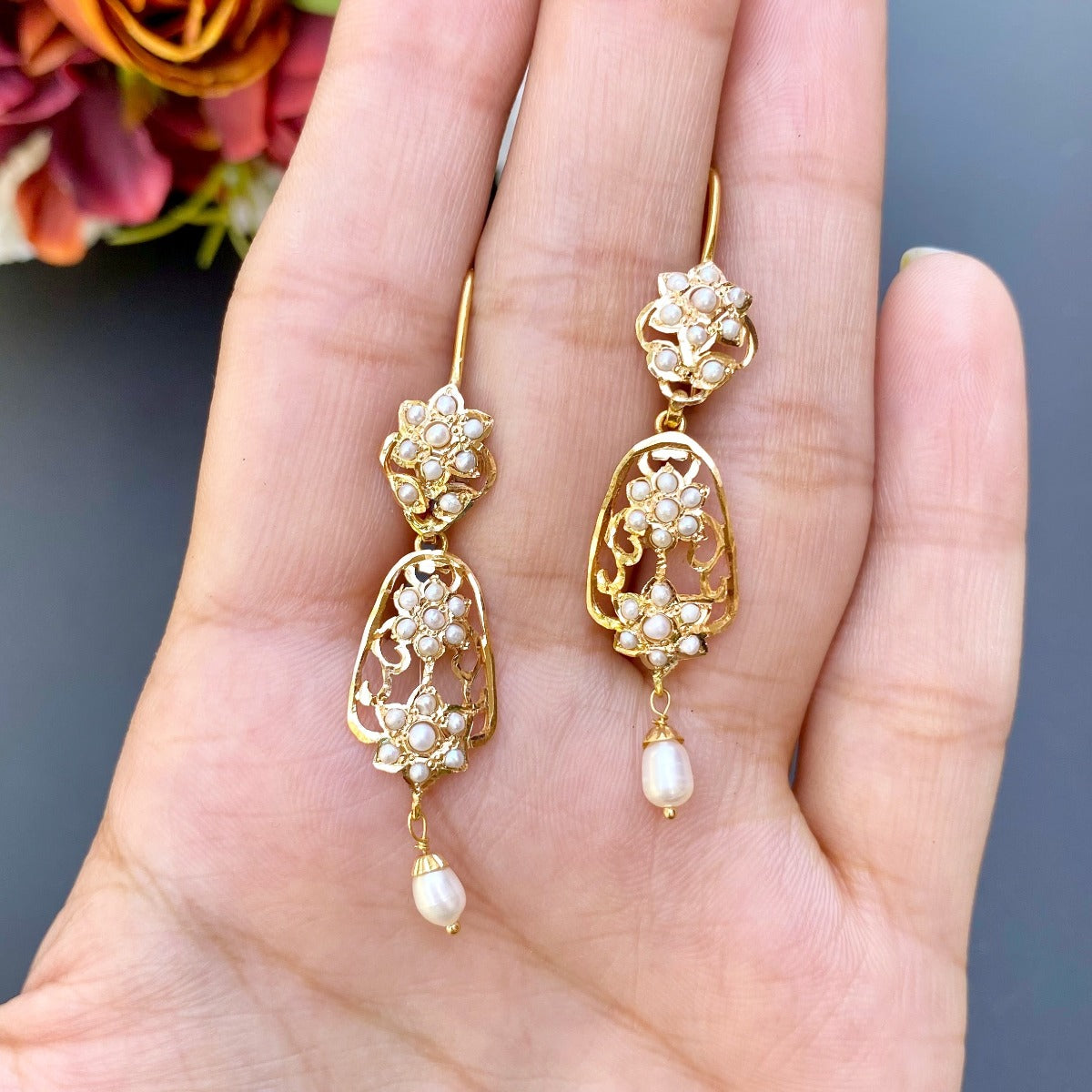 floral pearl earrings in 22k gold ger 050