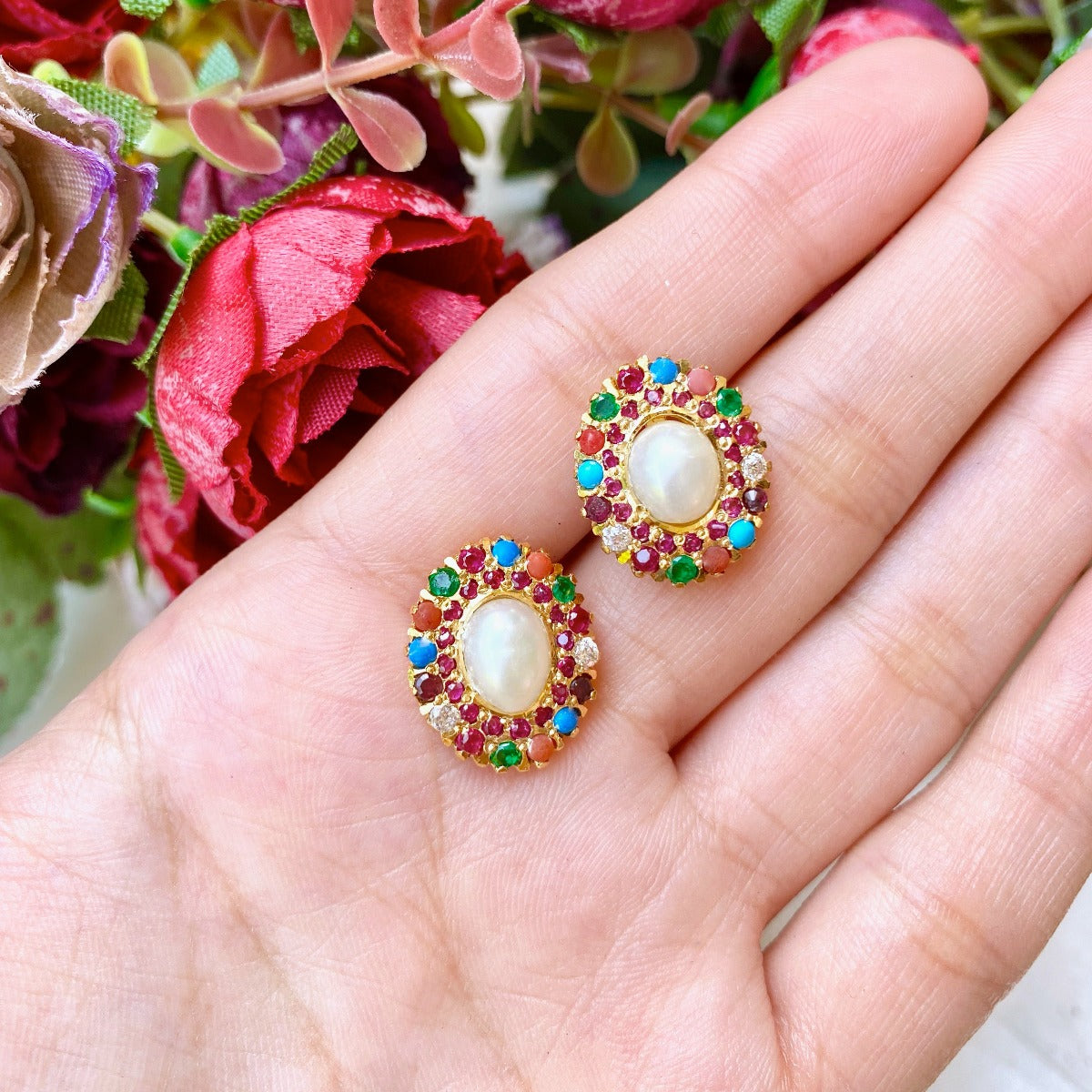 Small Navaratna Oval Stud Earrings | Gold Plated 925 Silver ER 301