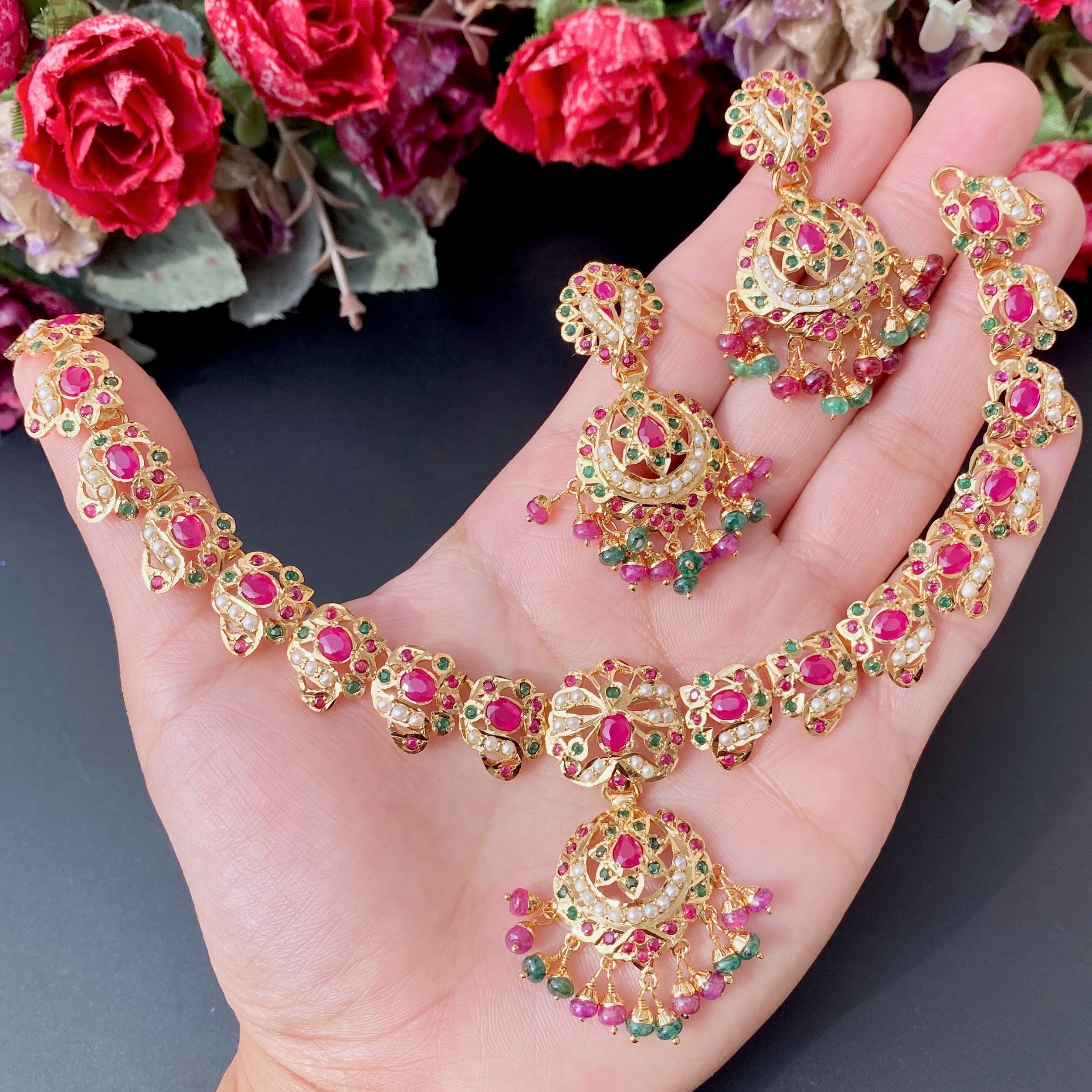 Delicate Jadau Necklace Set | Gold Plated Jadau Set | Sterling Silver | Ruby Emerald Pearls NS 081