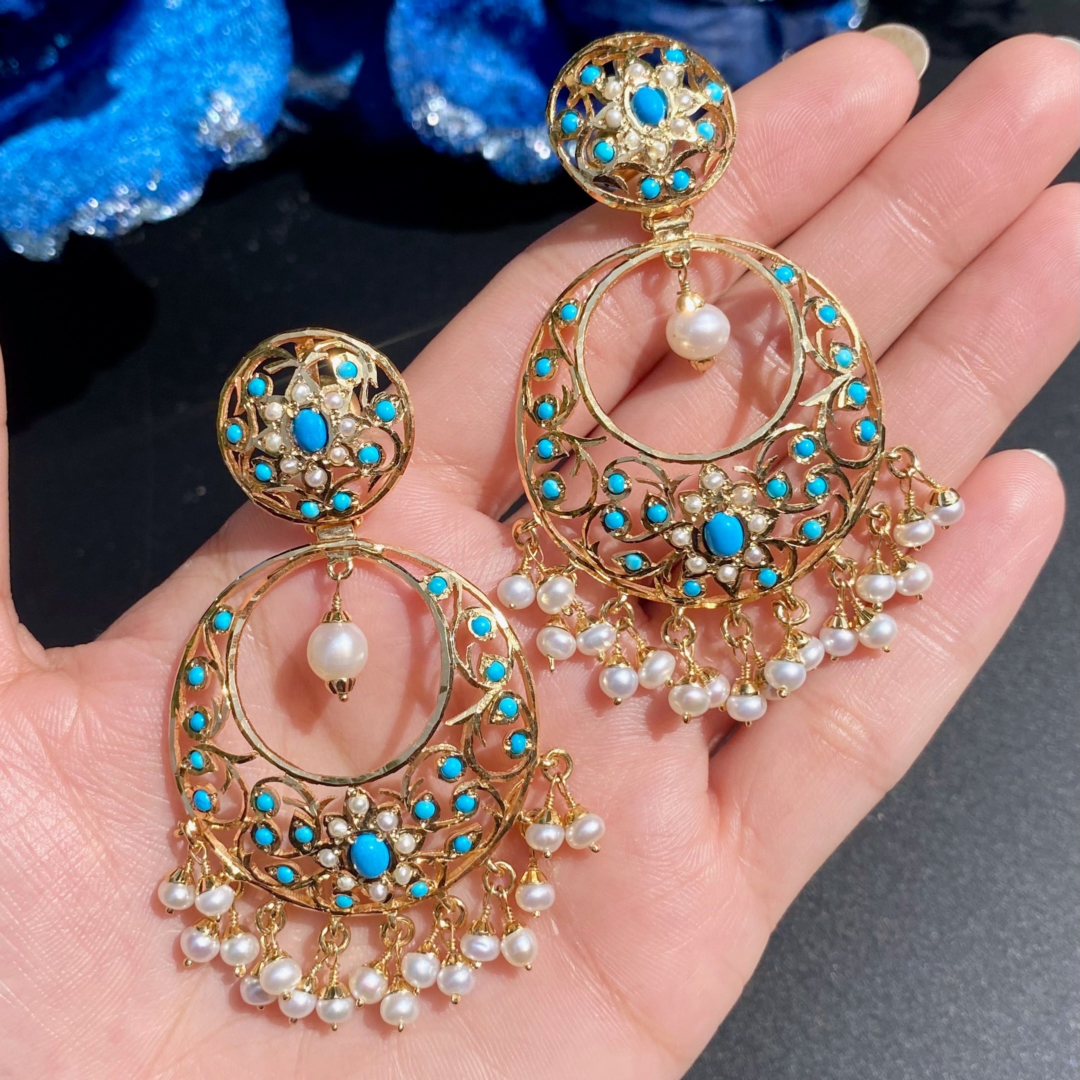 Shop Indian Chandbali Earrings Online | Antique Style Pearl & Feroza Earrings | Gold Plated ER 656