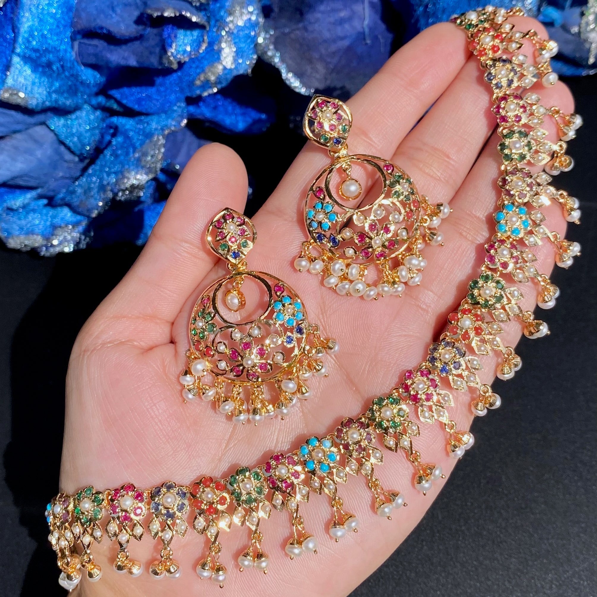 Elegant Navratna Necklace with Chandbali Earrings | Jadau Jewellery| Traditional Indian Jewellery | NS 490