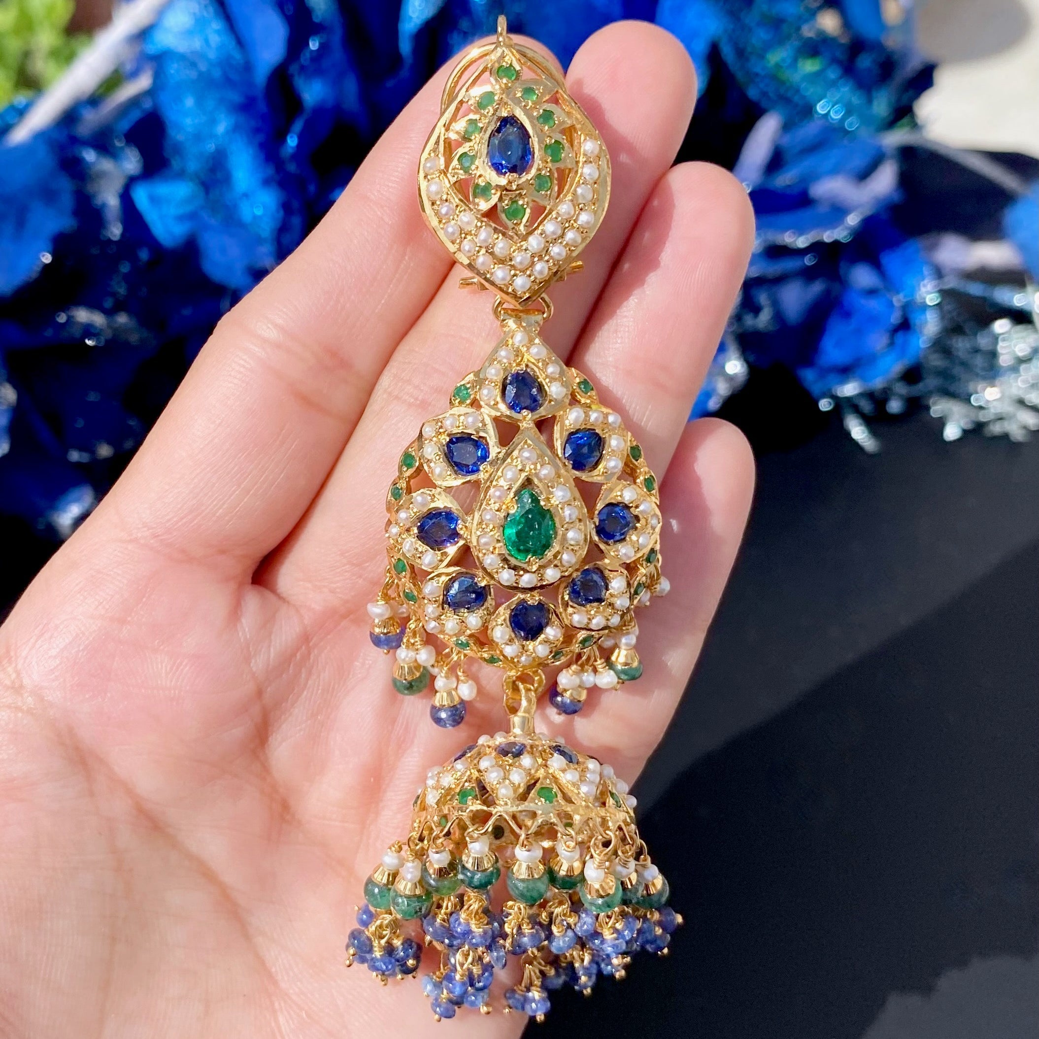 Bridal Wear Jhumka Earrings | Emerald Sapphire Combination | Gold Plated ER 553
