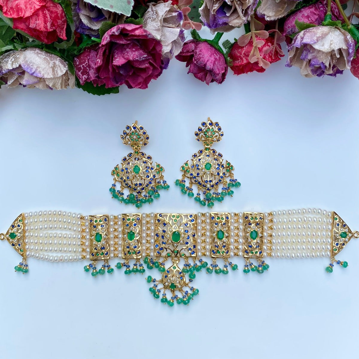 Multicolored Choker Necklace Set in Gold Plated Silver NS 153