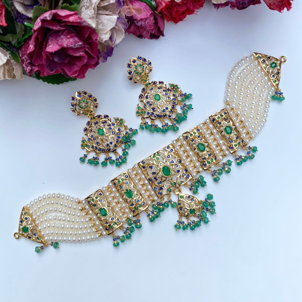 Multicolored Choker Necklace Set in Gold Plated Silver NS 153