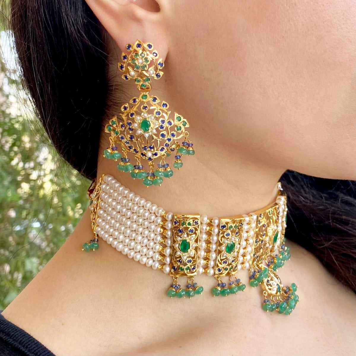 Multicolored Choker Necklace Set in Gold Plated Silver NS 153