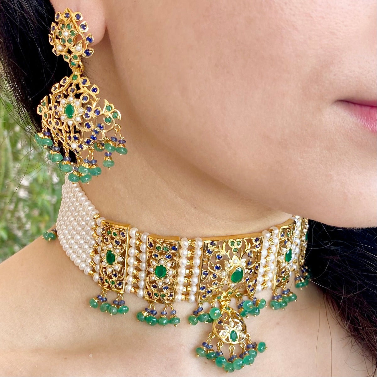Multicolored Choker Necklace Set in Gold Plated Silver NS 153