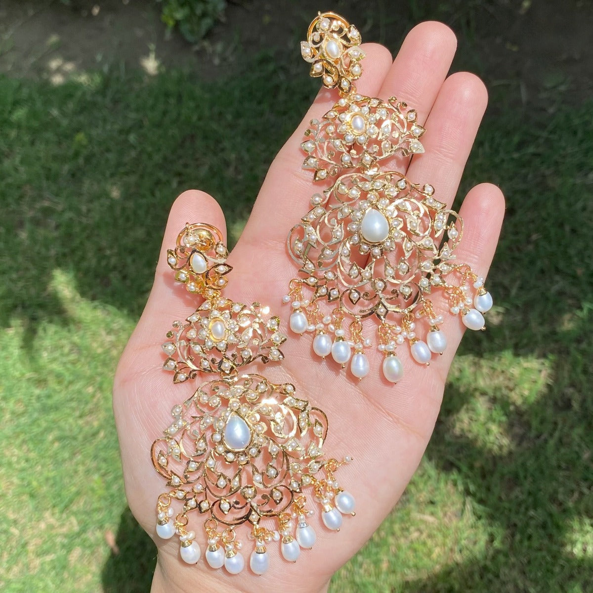 statement long indian earrings studded with pearls on sterling silver base with gold plating