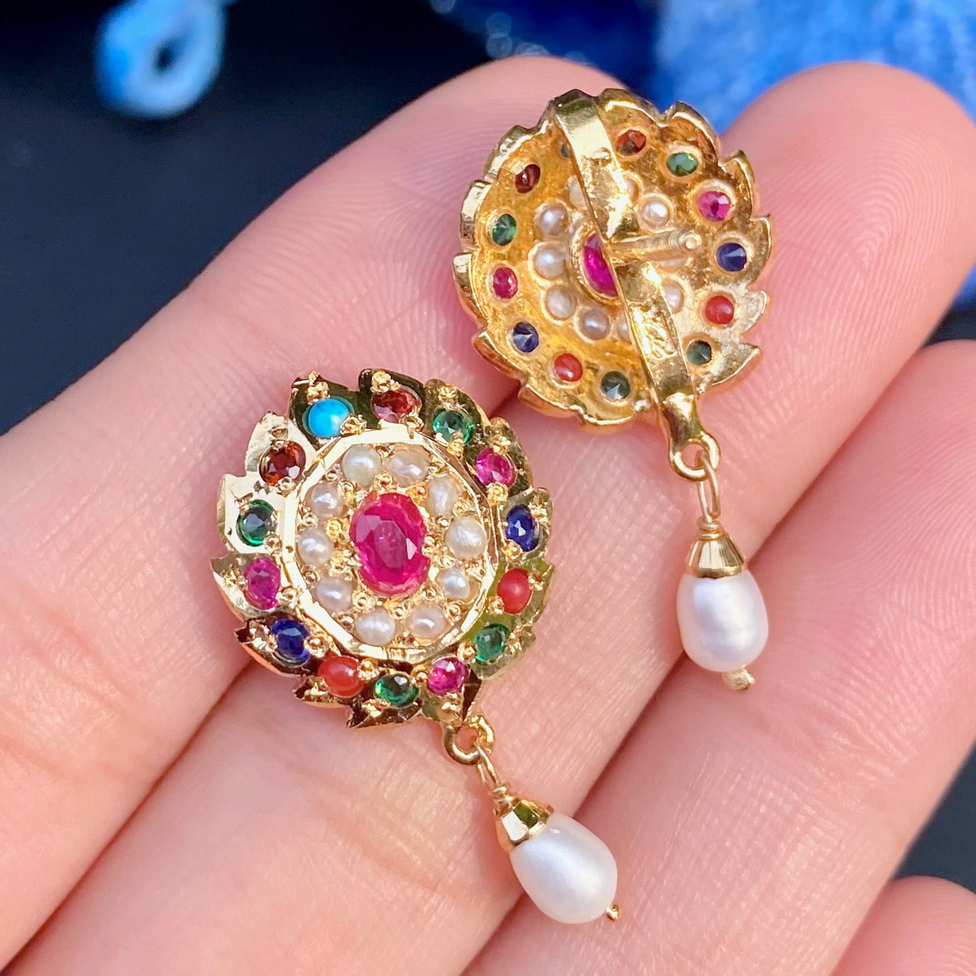 Oval Shaped Small Navaratna Studs For Women | Gold Tone Jewelry on Silver ER 667