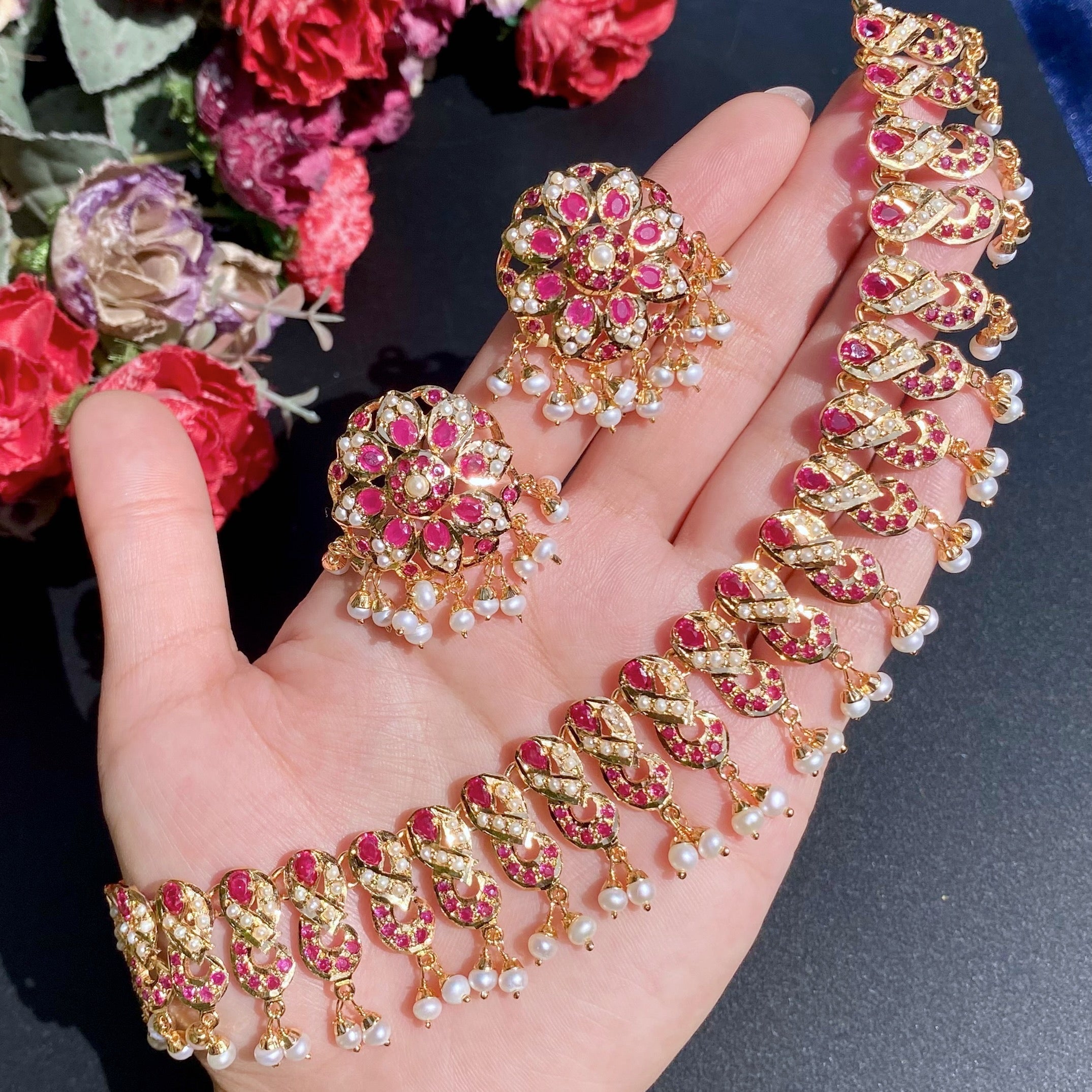 Buy Gold Plated Indian Jewellery Online | Ruby Pearl Necklace Set NS 173