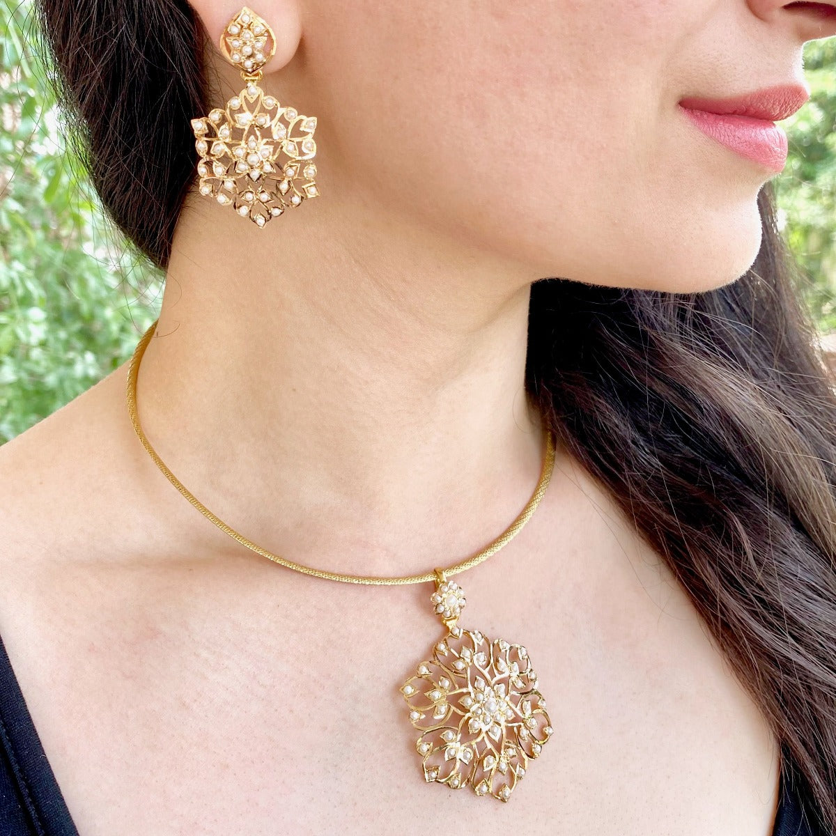gold pendant set floral indo western design studded with pearls 22k gold