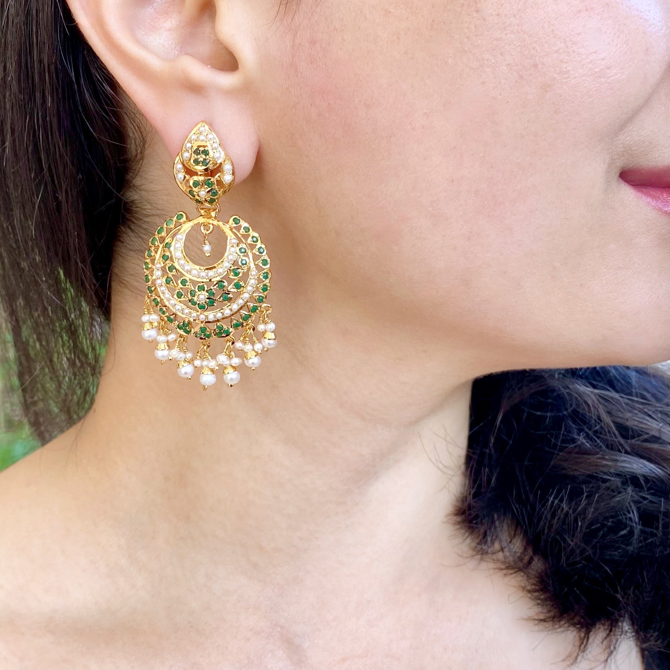 Shop Indian Chandbali Earrings Online | Pearl & Emerald Green Combination ER 420