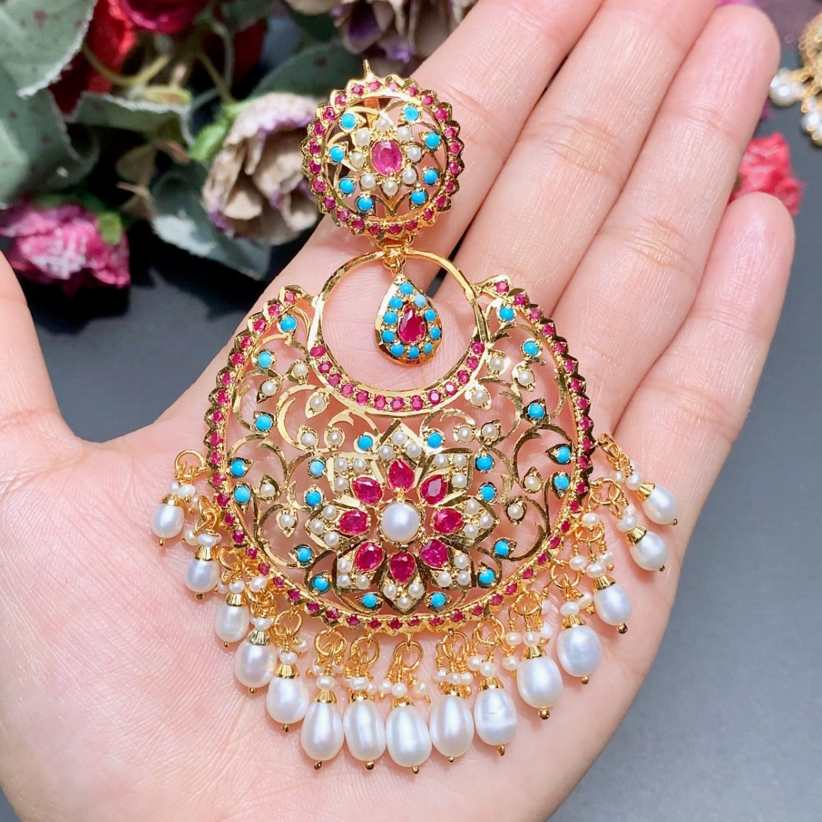 gold finished large pakistani jadau earrings